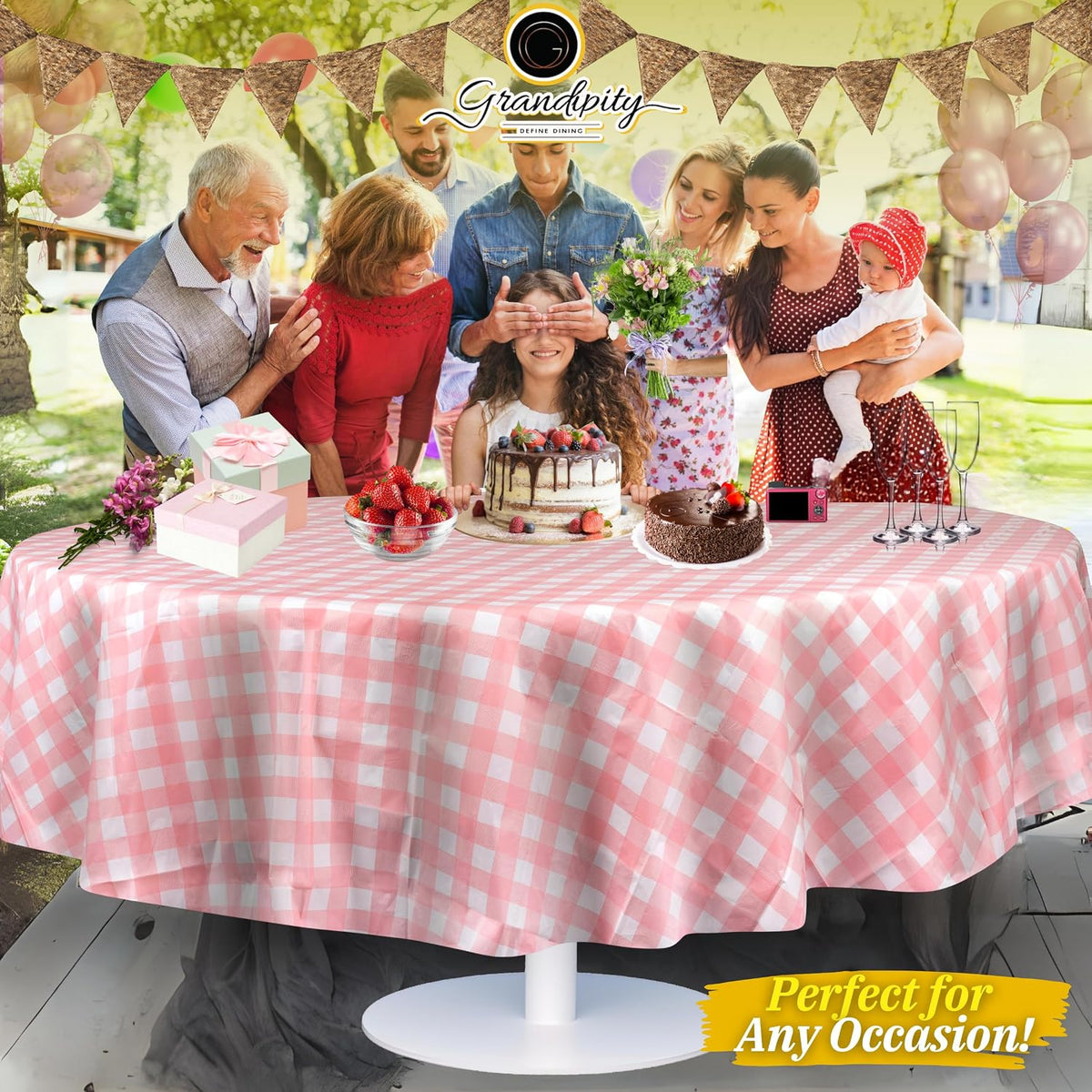 Pink Gingham Checkered Plastic Table Cloth Disposable (6 Pk) 84in Round Tablecloth Premium Party Table Cloths Disposable - Perfect Table Cloth Round Cover for Any Table Up to 6 Feet