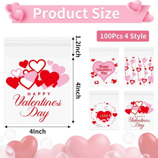 100 Pcs Valentines Self-Sealing Cookie Bags - 4x4 Inch Valentines Cellophane Treat Bags for Candy, Cookies, Gifts - Pink Clear Goodie Bags for Packing Valentine's Day Party Favors - 2.8 Mil