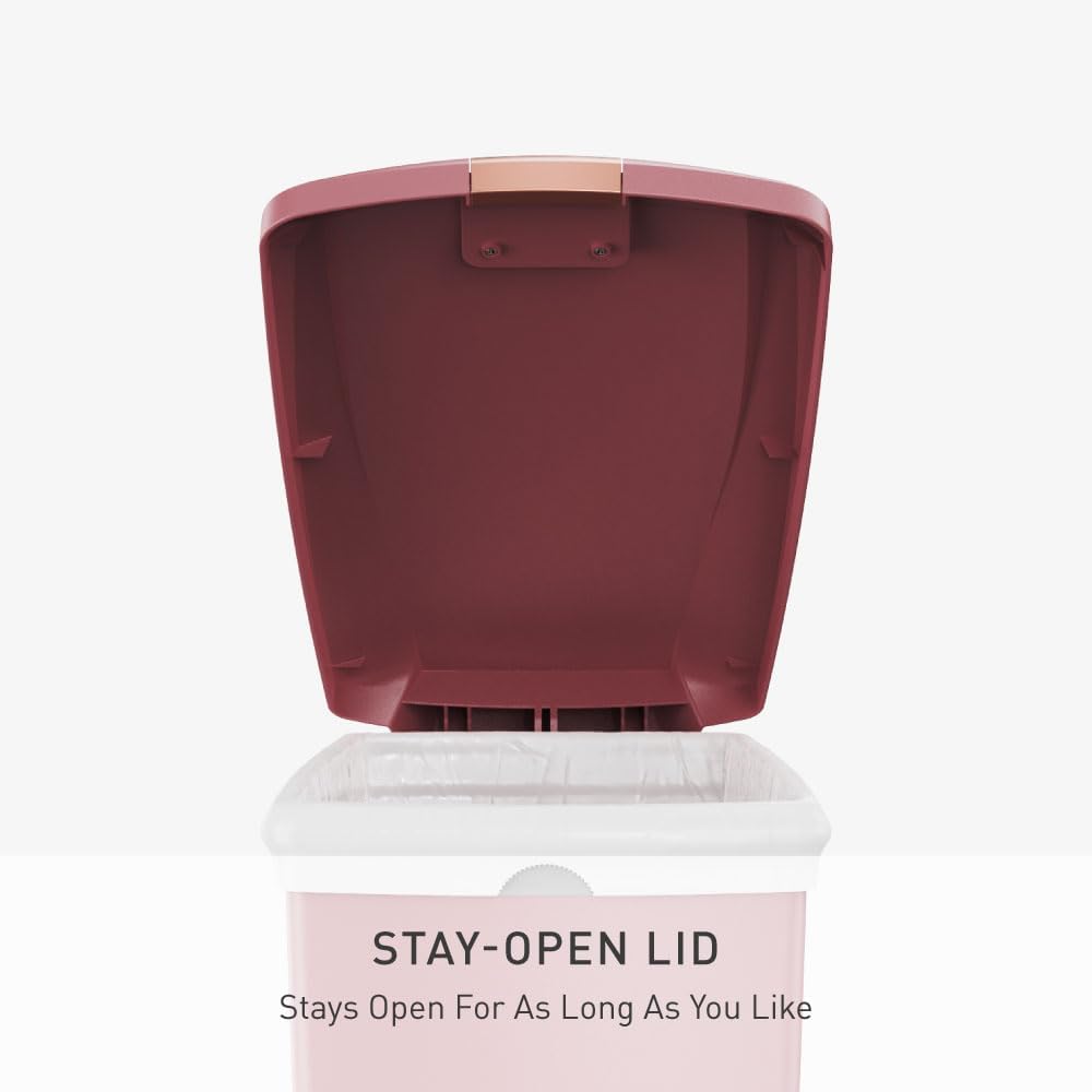 Slim Step Can, 40L / 10.6 Gallon Space-Efficient Kitchen Trash Can, Studio Edition, Pet-Proof Slide Lock, 150,000-Step Pedal, Wheels, Blush Plastic