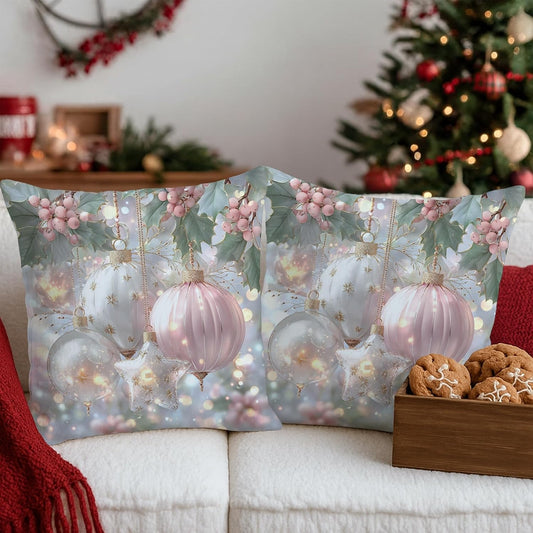 Holly Throw Pillow Covers, Christmas Festive Ornament Star Xmas Peach Soft Velvet Washable Couch Pillow Covers for Home Living Room Bedroom Dorm Couch Decor 18x18 Inch