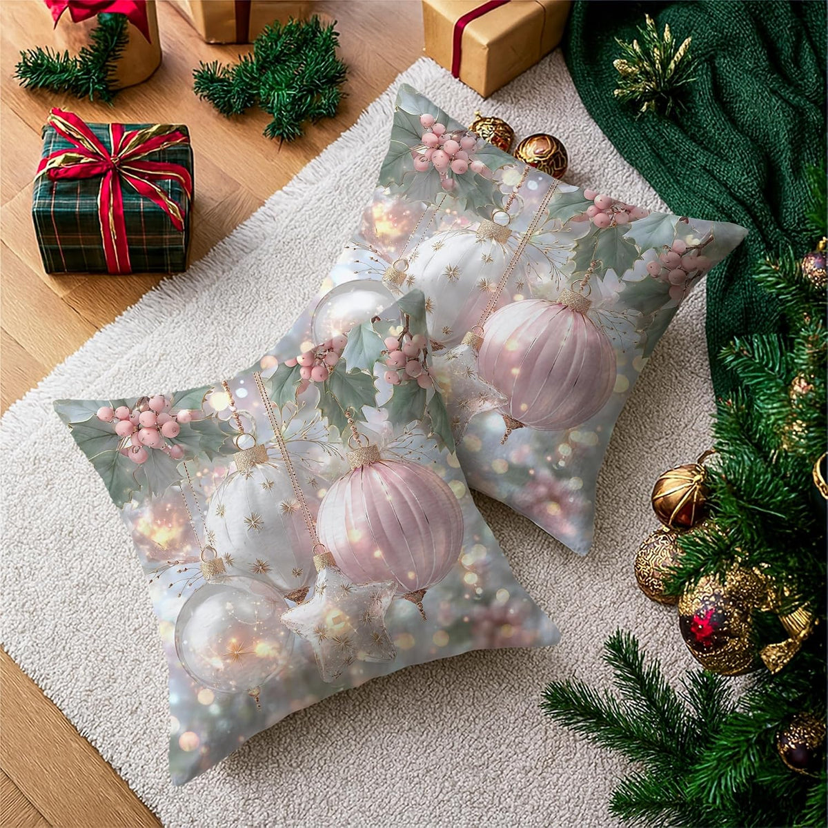 Holly Throw Pillow Covers, Christmas Festive Ornament Star Xmas Peach Soft Velvet Washable Couch Pillow Covers for Home Living Room Bedroom Dorm Couch Decor 18x18 Inch