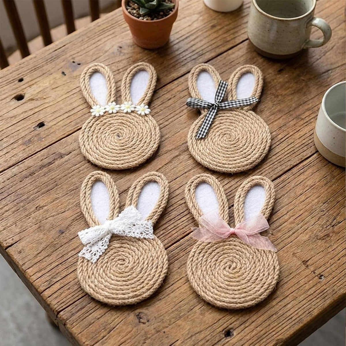 4pc Easter Bunny Coasters for Drinks,Rabbit Shaped Hemp Rope Coasters with Absorbent Cork Base Cute Styles White Lace Daisy Pink Tulle Checkered Bows Rustic Easter Table Decor for Kitchen and Parties