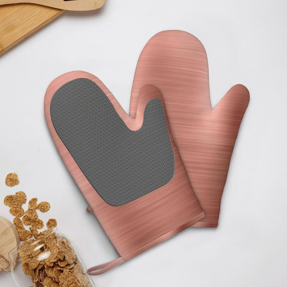 Rose Gold Brushed Metal Oven Mitts 2 Pack Kitchen Heat Resistant Oven Gloves with Non-Slip Silicone Surface