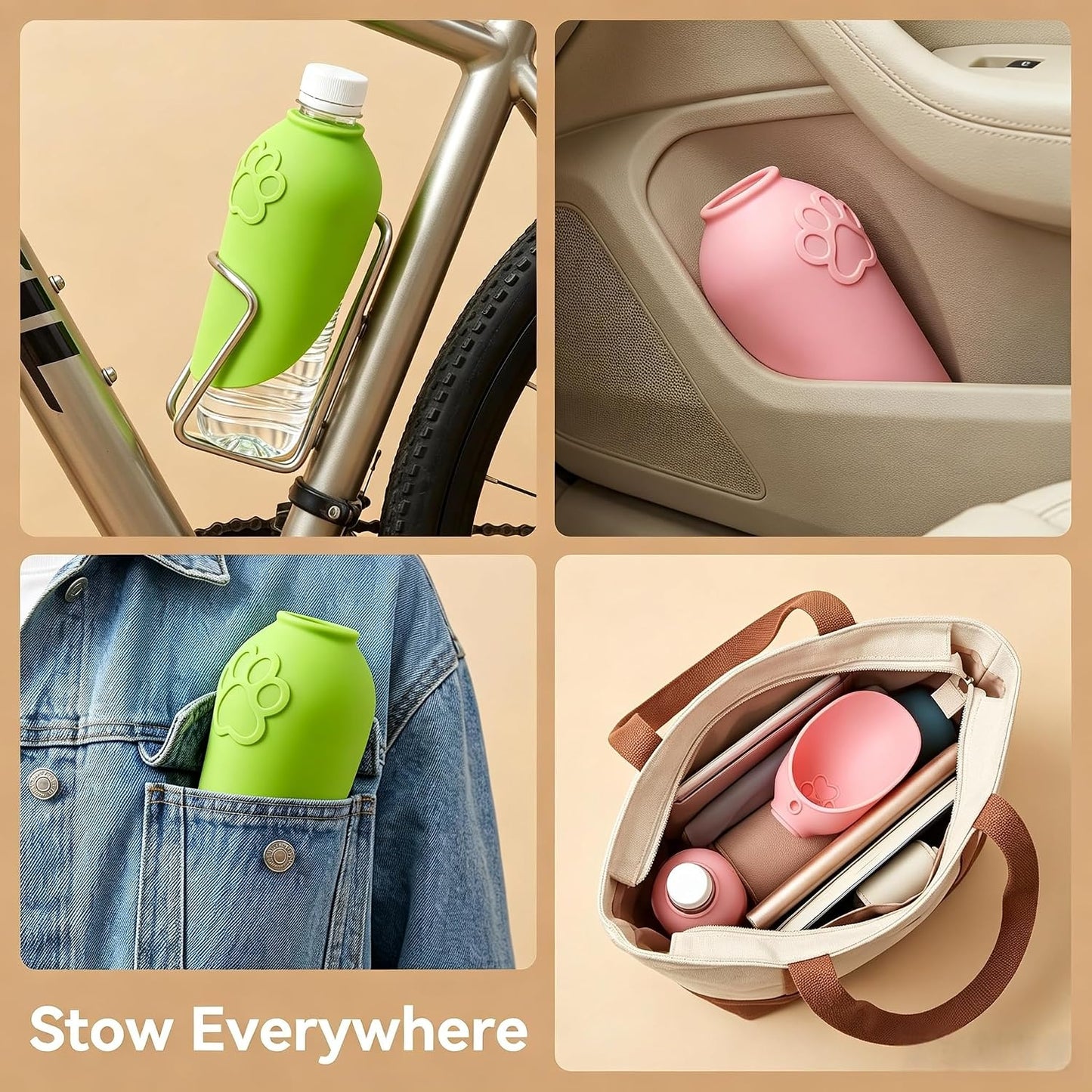 2 Pack Silicone Dog Water Bottle Attachment, Portable Slip-On Pet Water Bowl, Fits Standard Water Bottles for Walking Hiking Travel, Pink & Green