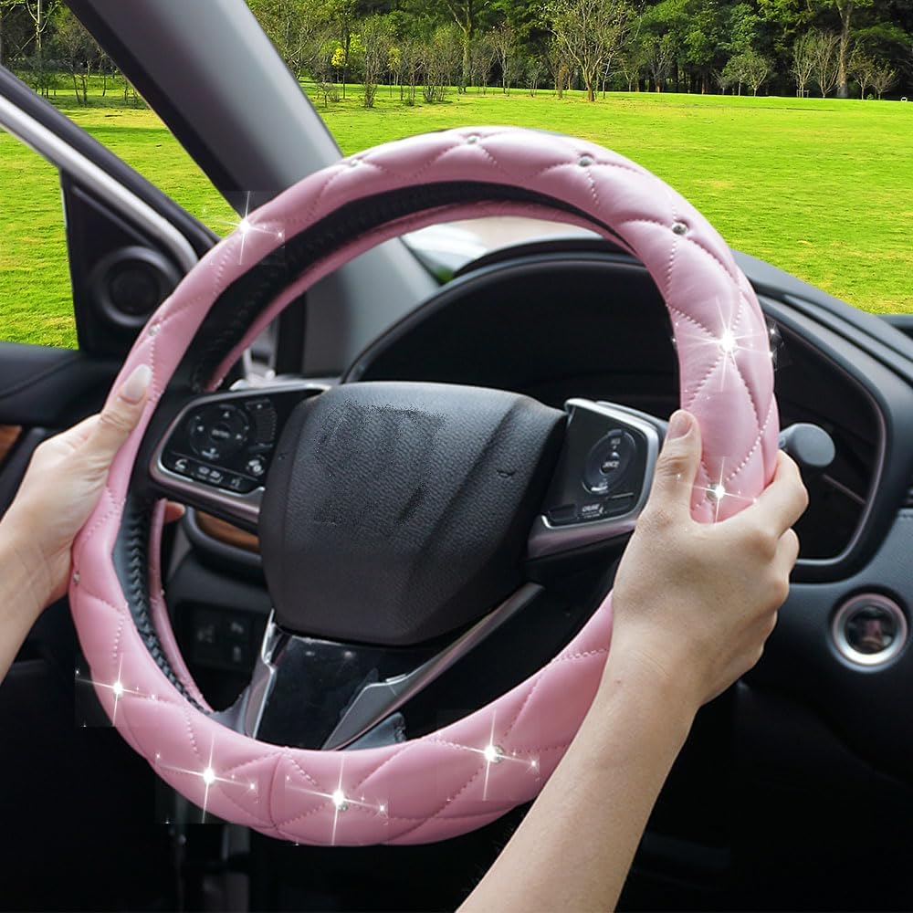 Cute Diamond Soft Light Pink Leather Anti-Slip Steering Wheel Cover with Bling Bling Crystal Rhinestones, Universal 15 Inch for Women Girls, Fit Vehicles, Sedans, SUVs, Vans, Trucks