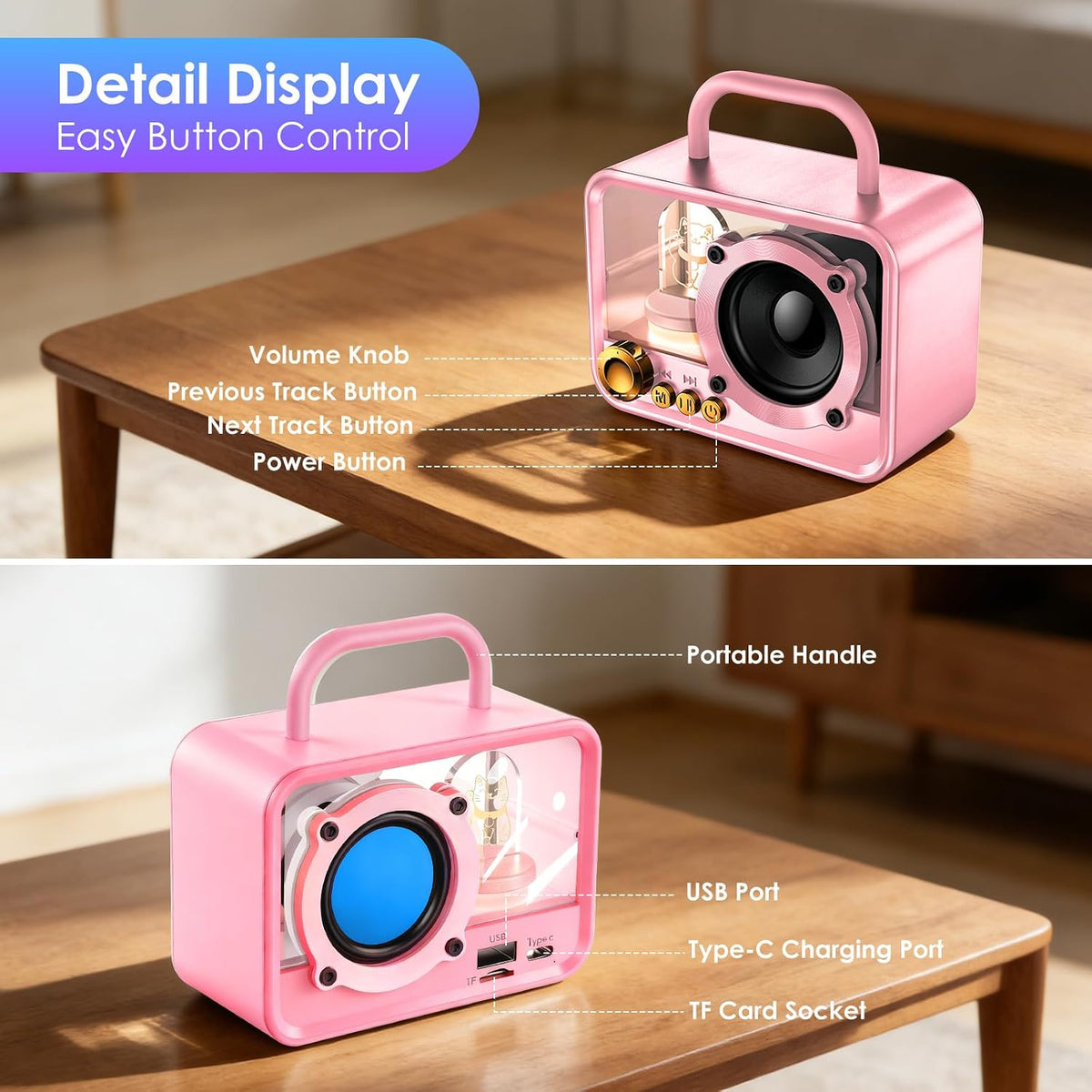 Cute Bluetooth Speaker with RGB Lights, Portable Wireless Stereo