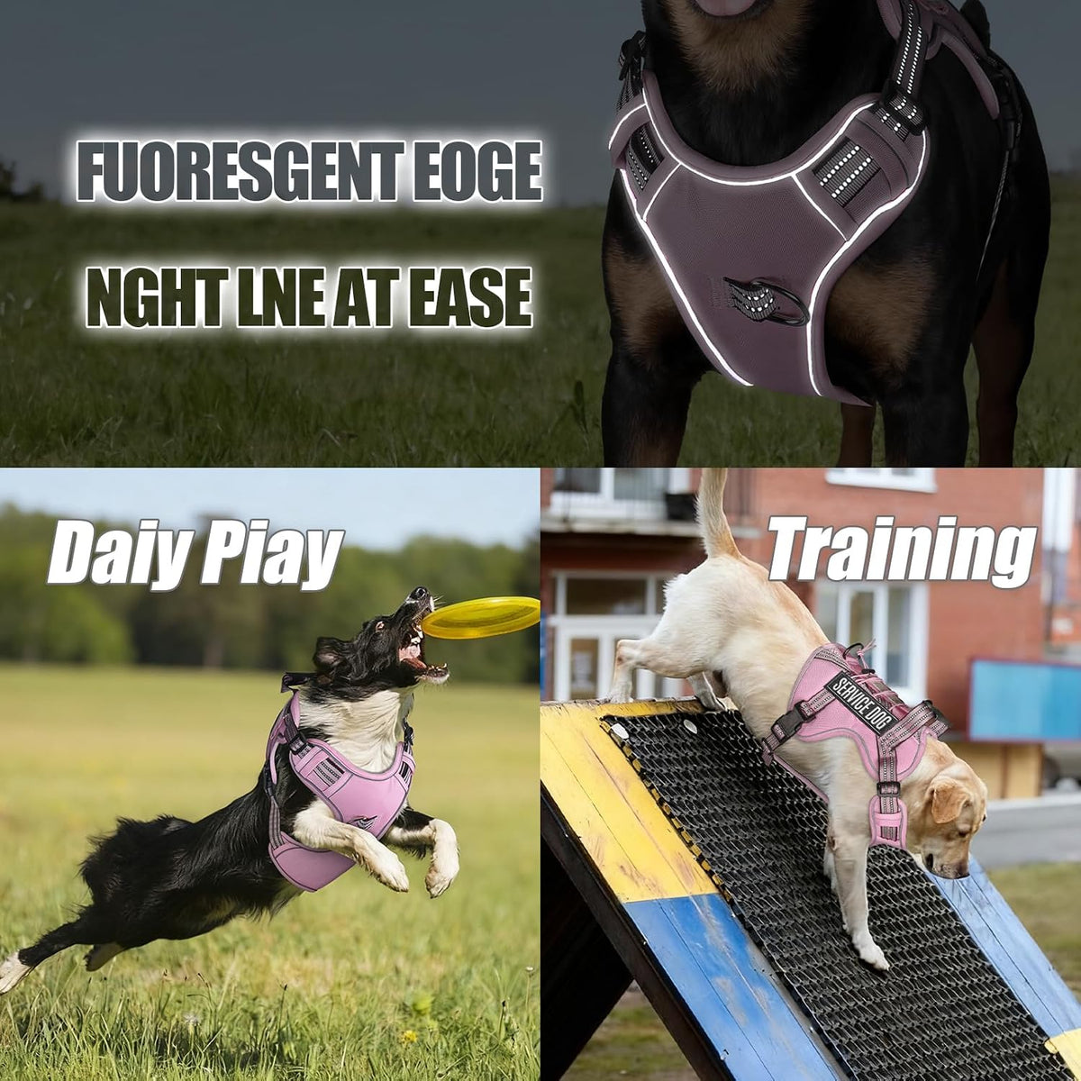 Dog Harness and Leash Set for Medium Dogs, No Pull Tactical Dog Harness, Service Dog Vest with Name Patches, Adjustable Reflective Military Dog Harness with Handle & MOLLE for Training, Pink, M