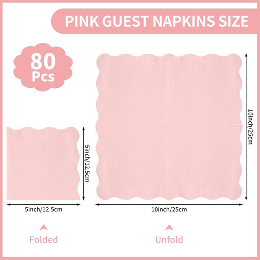 80 Pcs Cocktail Napkins, 5 x 5 Inch Scalloped Paper Napkin | Disposable Wavy Napkins Scalloped Dessert Beverage Napkin Pink Party Napkin for Wedding, Bridal Baby Shower, Birthday