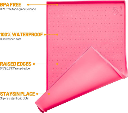Dog Feeding Mat,100% Waterproof Food Grade Silicone Pet Food and Water Bowl Placemat,Dishwasher, High Raised Edge to Prevent Spills,Nonslip Tray to Stop Messes on Floor (19"x12"x0.5", Pink)