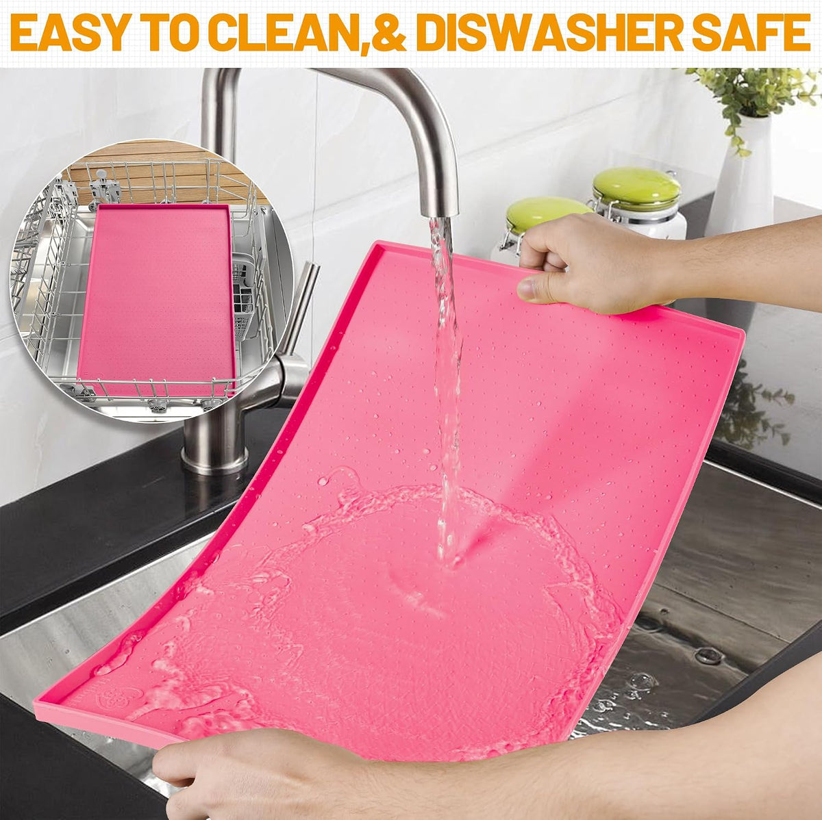 Dog Feeding Mat,100% Waterproof Food Grade Silicone Pet Food and Water Bowl Placemat,Dishwasher, High Raised Edge to Prevent Spills,Nonslip Tray to Stop Messes on Floor (19"x12"x0.5", Pink)