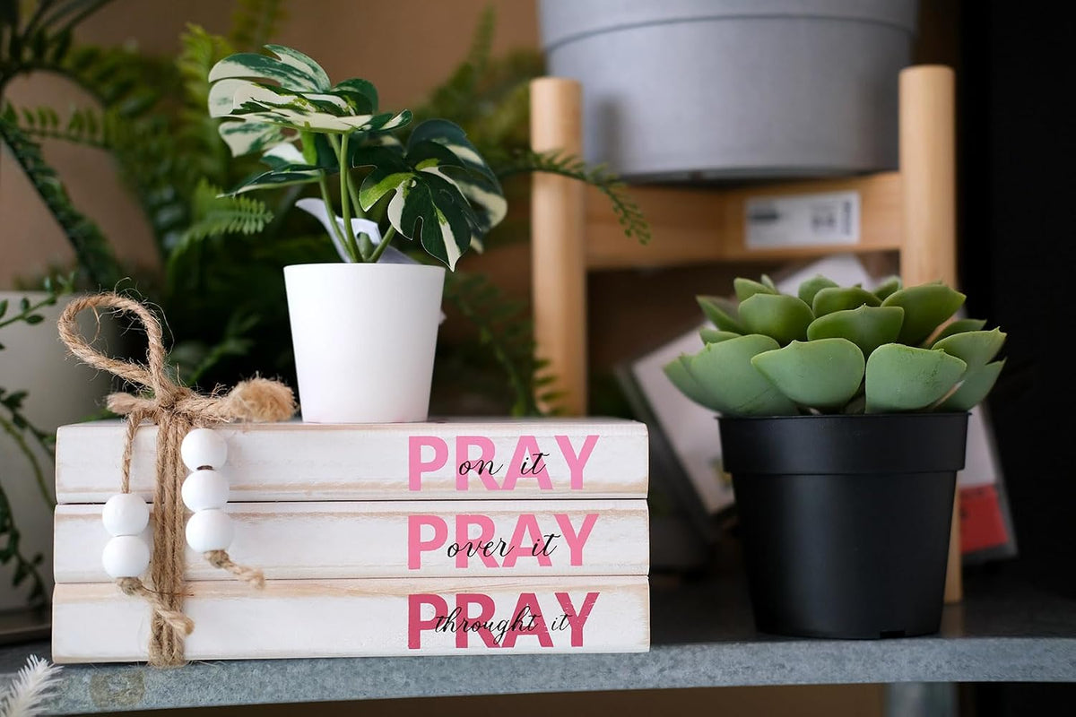 Pink Wood Book Stack Pray Christian Home Decor for Women - Wooden Block Sign Table Decoration - Inspiration Prayer Office Decor Religious Gift