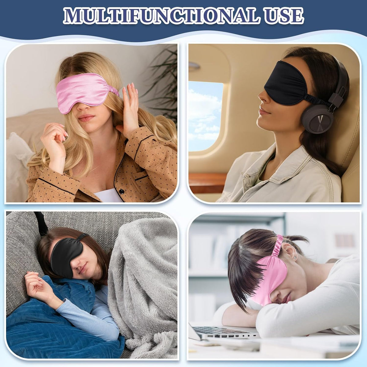12 Pcs Silk Sleep Masks Soft Satin Eye Masks with Adjustable Elastic Strap for Sleeping Comfortable Blindfold Eyeshade for Men Women Nap Night Travel Gifts(Black, Pink)