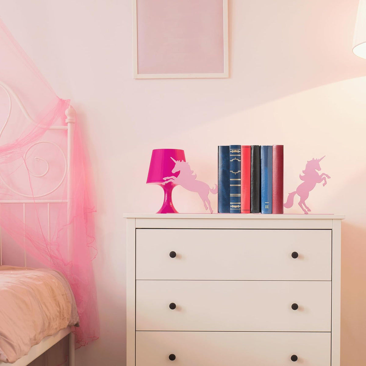 Unicorn Bookends for Kids - Pink Metal Bookshelf Decor, 8.27x1.18x5.98 Inch Children's Book Holders, Cute Unicorn Room Decor for Girls Bedrooms