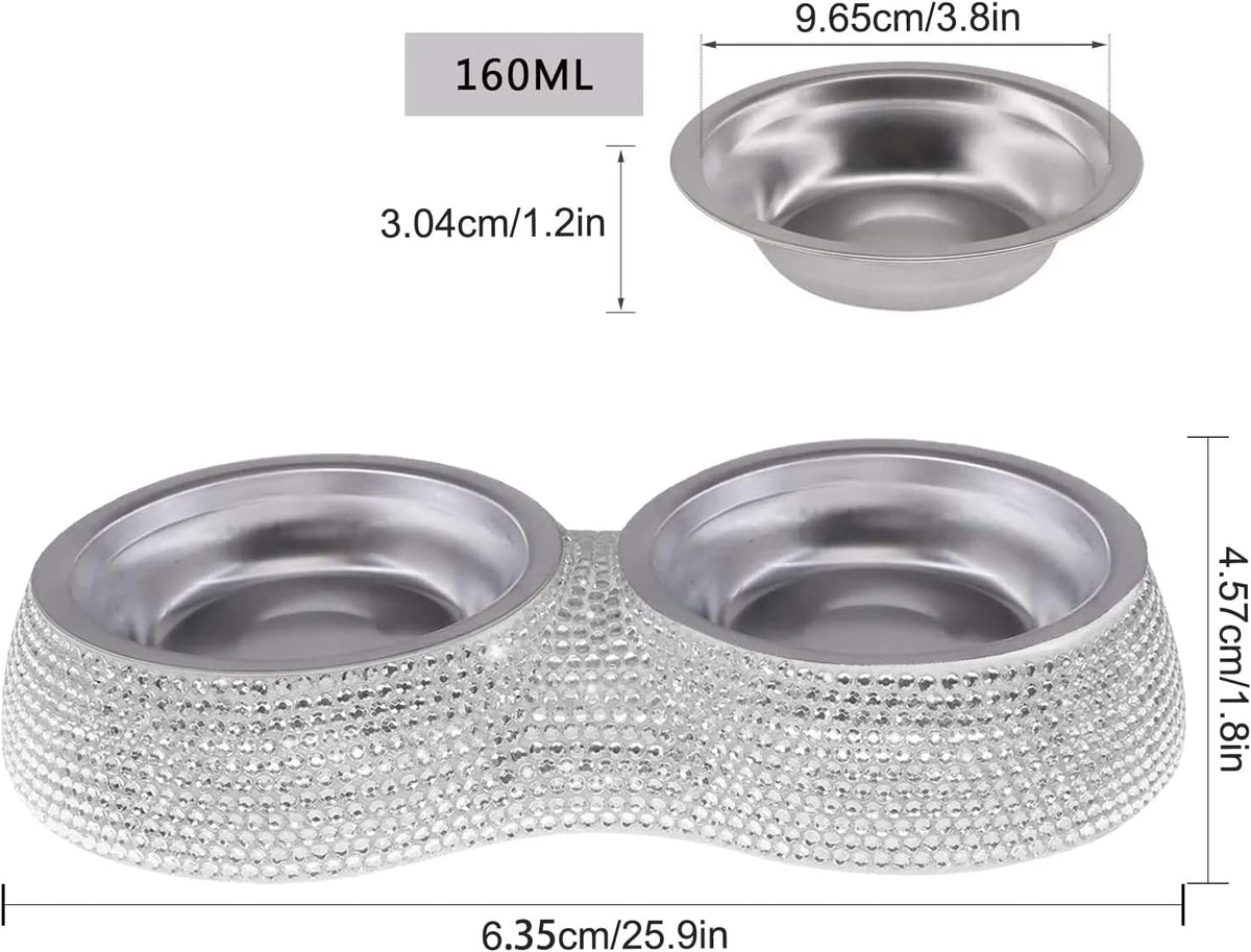 Small Cat Bowls Pink, 320ML Handmade Bling Rhinestones Stainless Steel Pet Bowls Removable Double Food Water Feeder for Puppy Cats Dogs