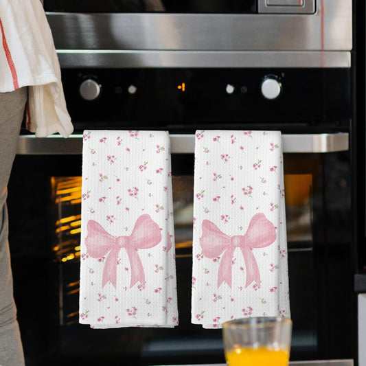 Coquette Floral Soft Pink Bow Girls Gifts Kitchen Towels Set of 2, Flower Cottagecore Bow Ribbon Hand Towels for Bathroom Decorative Dish Towels, Coquette Girly Bathroom Decor, 16x24 Inch