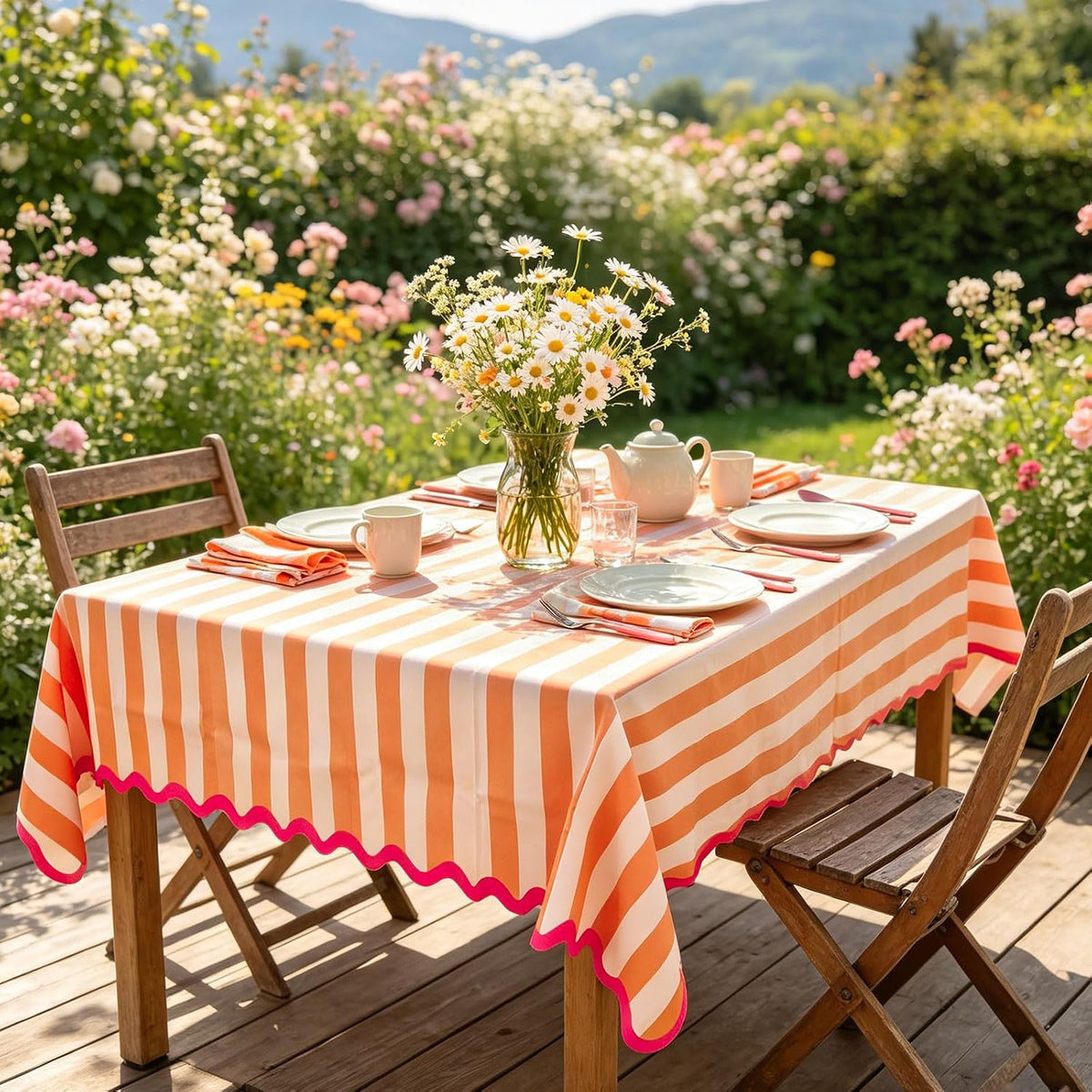 Orange Pink Striped Tablecloth, Fall Scalloped Edge Rectangle Table Cloth Waterproof Polyester for Autumn Thanksgiving Harvest Holiday Dinner Party Kitchen Decor, 55 x 70 Inch
