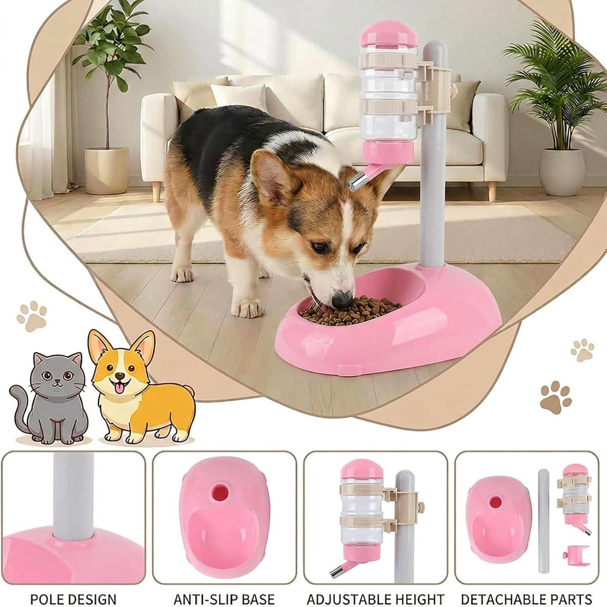 Pet Standing Water Dispenser Feeder, 500ml Dog Water Feeder Bottle Adjustable Raised Pet Food Bowl for Dogs Detachable Bottles Easy Cleaning (Pink)