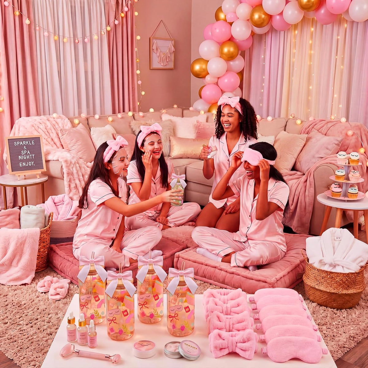 24 Pcs Spa Sleepover Party Supplies for Women 6 Set Slumber Spa Birthday Gift Pajama Party Favor with Glass Cup Pink Bow Eye Mask Headband Twist Bows for Sleeping Stuff Accessories Slumber Gift