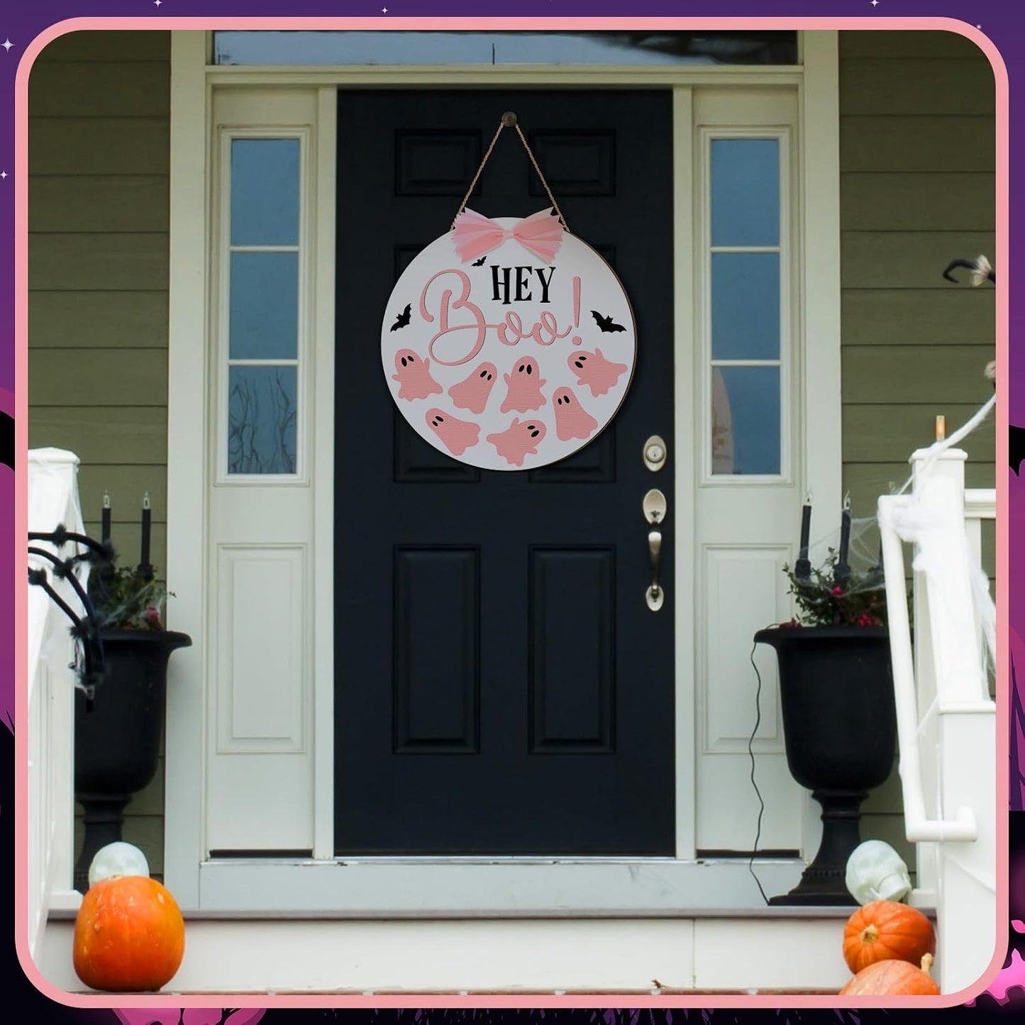 Halloween Door Sign Pink Ghost Wreath Decor Boo Wooden Hanging Sign