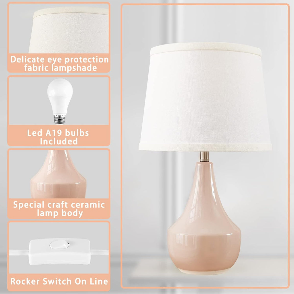 GyroVu 18" Table Lamp Set of 2, Ceramic Lamp Classic Beside Lamps Nightstand Lamp Modern Bedside Lamp for Living Room, Bedroom & Office Rocker Switch Pink-LED Bulbs Included