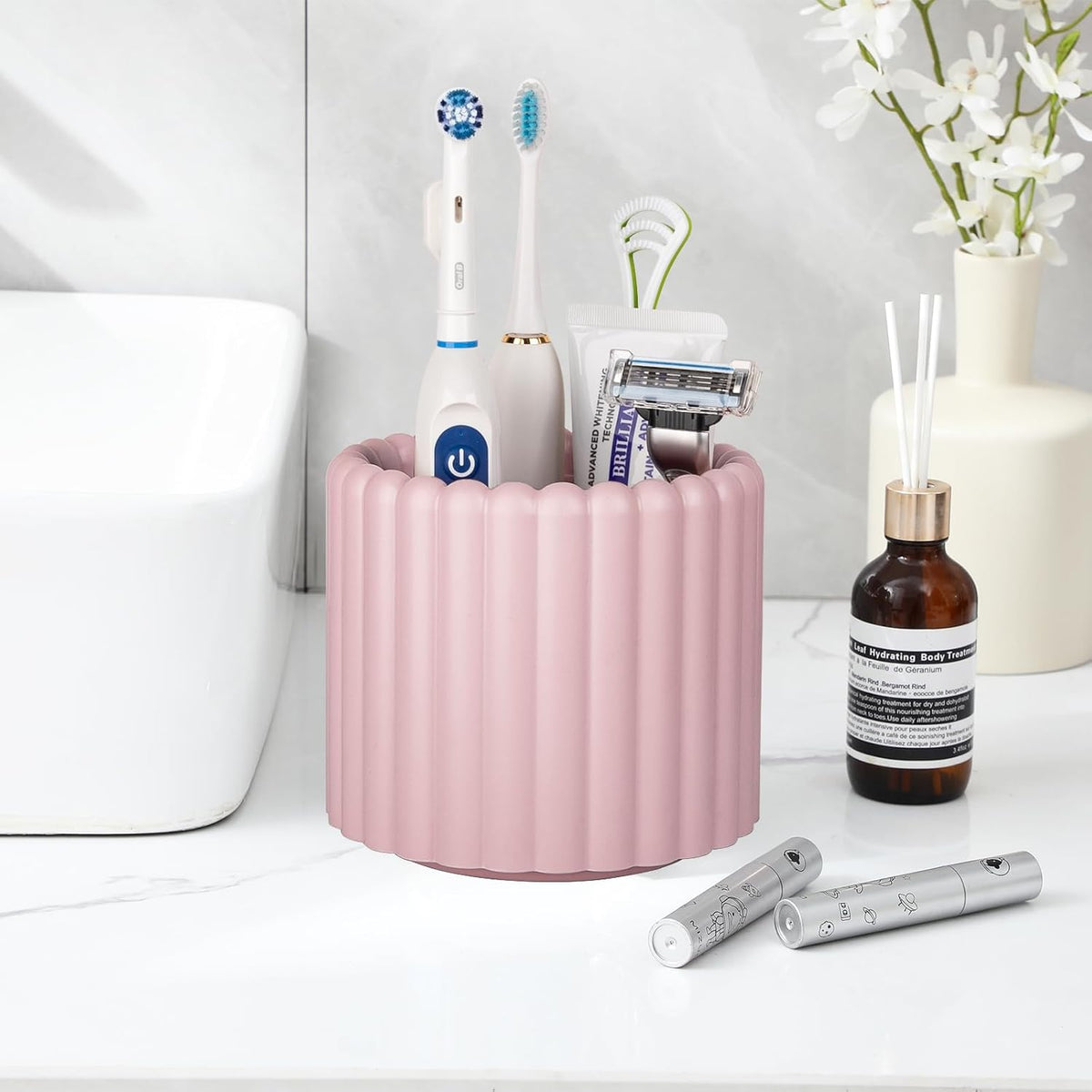 Rotating Makeup Brush Holder Organizer with Removable Dividers, Pink