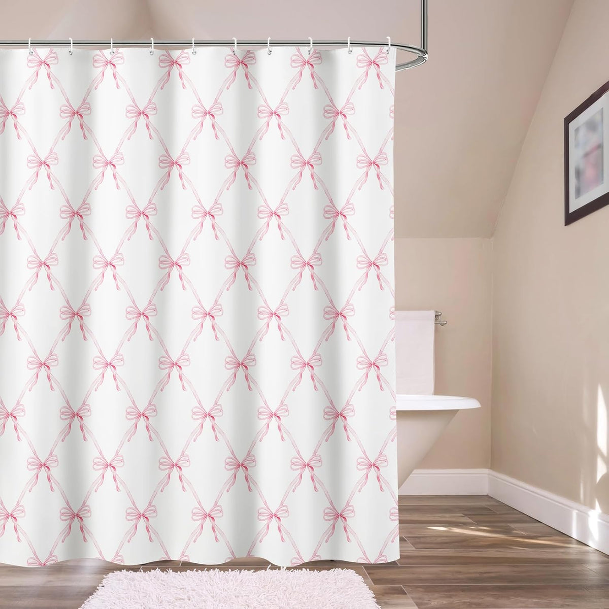 Pink Bow Shower Curtain Bow Aesthetic Watercolor Shower Curtain Sets, Bath Curtain Polyester Fabric Waterproof Bathroom Accessory Set with 12 Hooks 72x72 inch