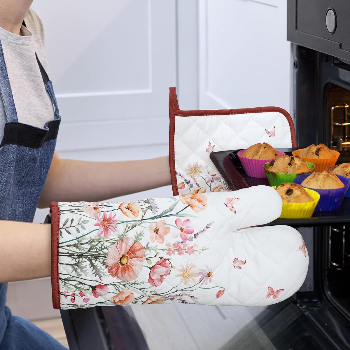 Pink Floral Oven Mitts and Pot Holders Sets 4Pcs, 100% Cotton Heat Resistant, Extra Long Oven Gloves Potholder for Kitchen Cooking Baking Decoration, Housewarming Gifts for Mom