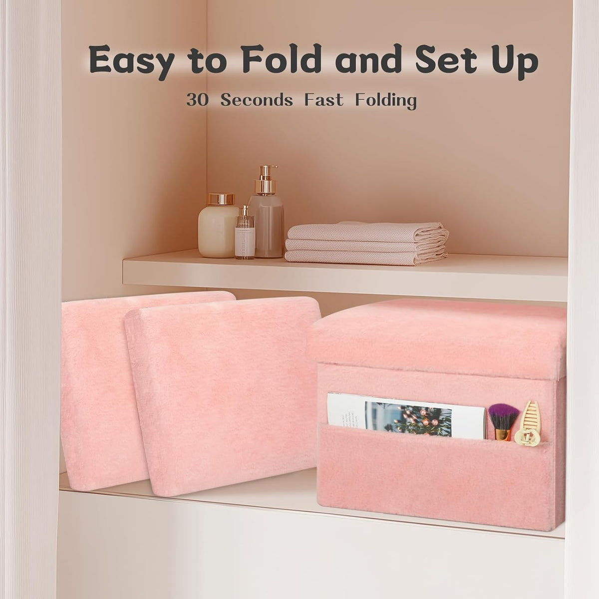 Storage Ottoman, Small Folding Soft Fur Foot Stools Ottoman for Dorm, Pink