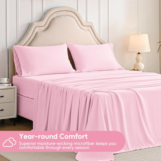 Full Size Bed Sheets Set, 4 Pieces Hotel Luxury Soft Microfiber Bed Sheets Set, Up to 16" Deep Pockets, Oeko-Tex Sheets with Elastic, Breathable, Wrinkle Free (Light Pink, Full)