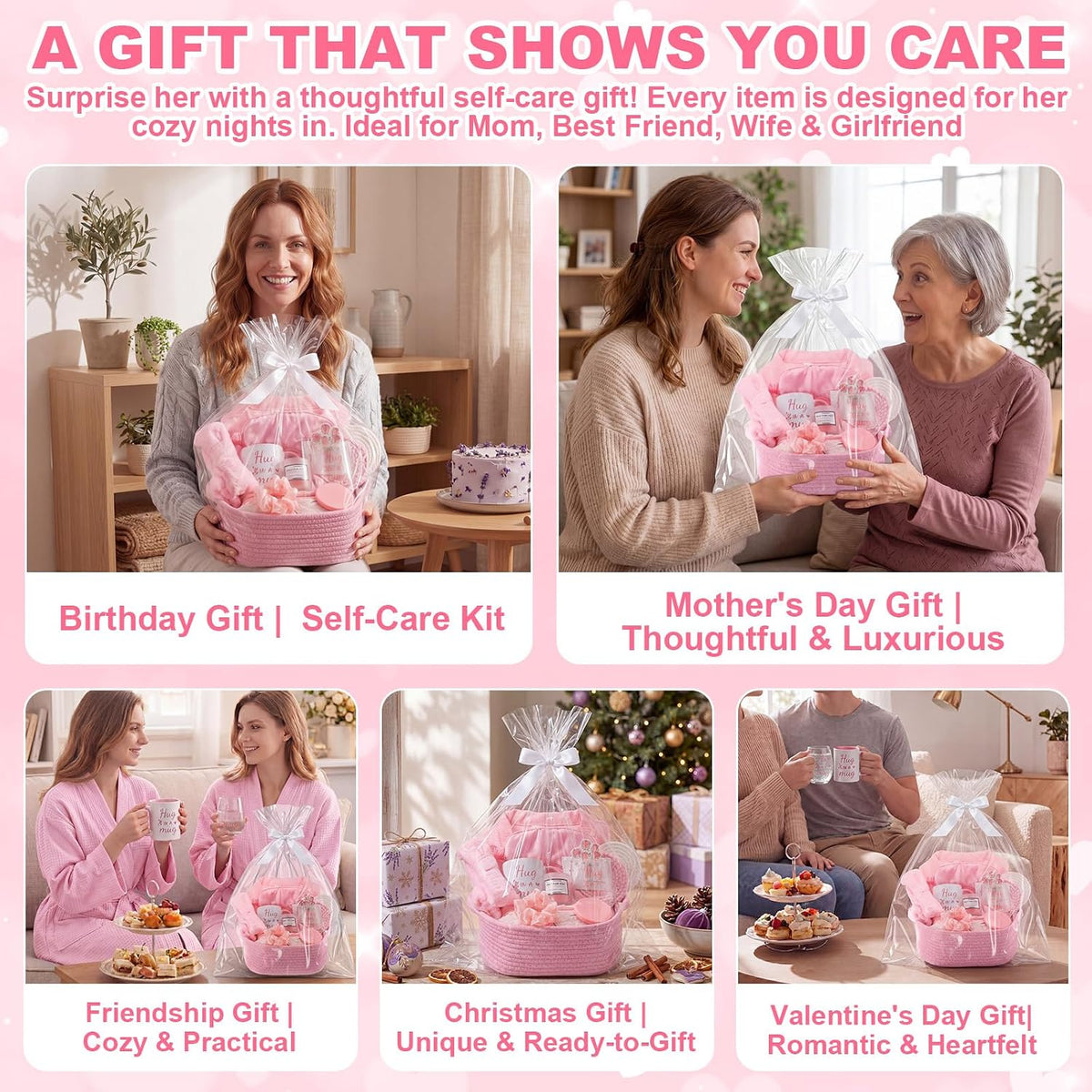 13 Pcs Birthday and Get Well Soon Gifts for Women Self Care Gifts Basket Spa Care Package with Robe Scented Candle for Her Mom Nurse Mother's Day (Pink)