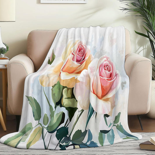 Throw Blanket Twin for Couch Pink Bedding Soft Lightweight Plush Blankets, Sofa Bed Office Chair Throws for Boys Girls Watercolor Style Rose Pattern Blanket Throws for All Seasons 40" x 50"