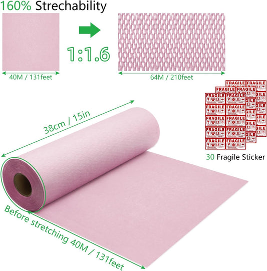 Honeycomb Packing Paper 15"x131' Recyclable Honeycomb Paper Moving Supplies Bubble Paper Wrapping Protective Roll with 30 Fragile Sticker Labels and 66ft of Jute rope (Light pink)