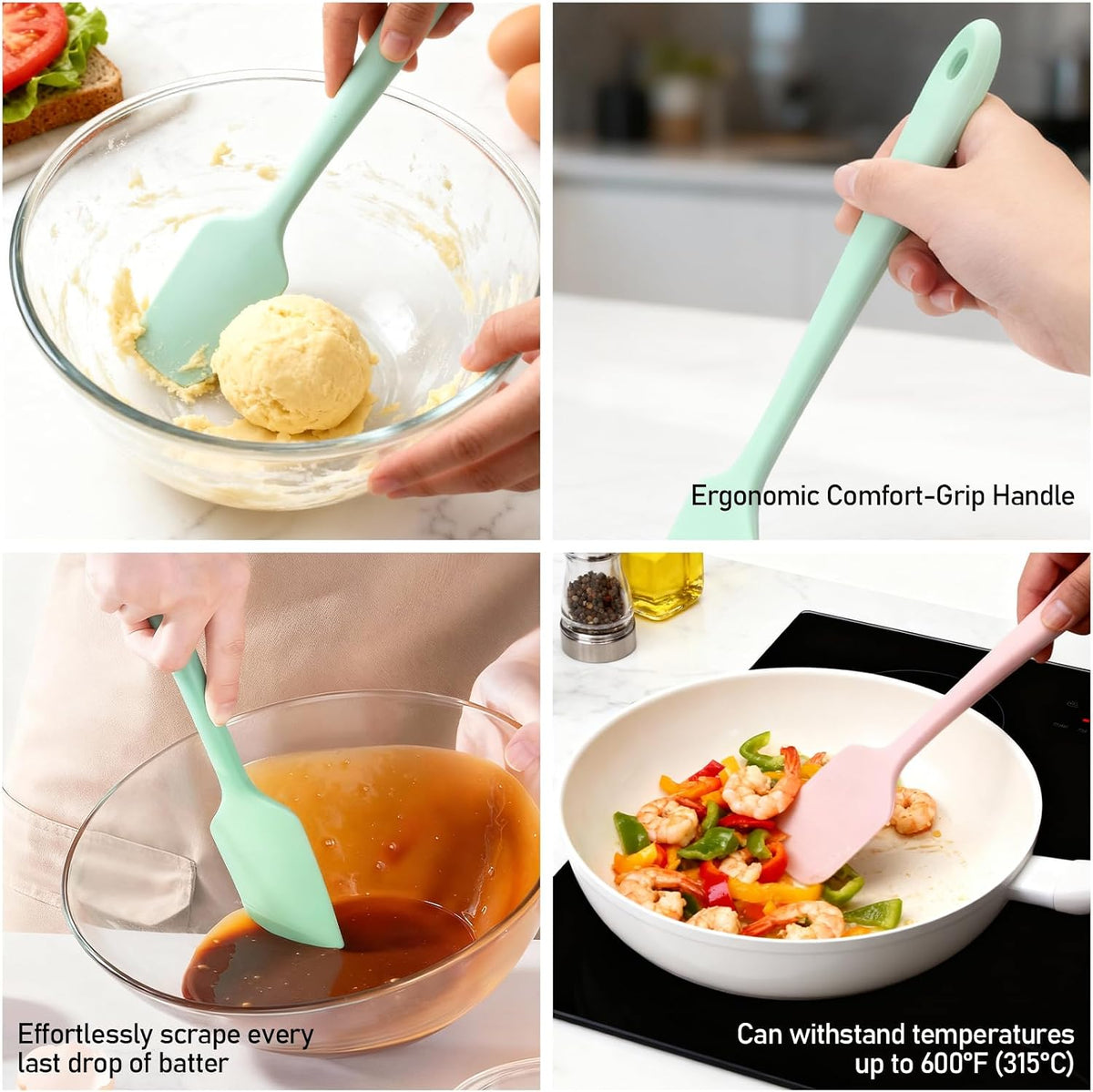 2-Pack 600°F Heat Resistant Spatula Set, 11.34 Inch Seamless Silicone Scrapers (Pink & Green) - Flexible & Gentle on Nonstick Cookware for Baking, Mixing, Stirring