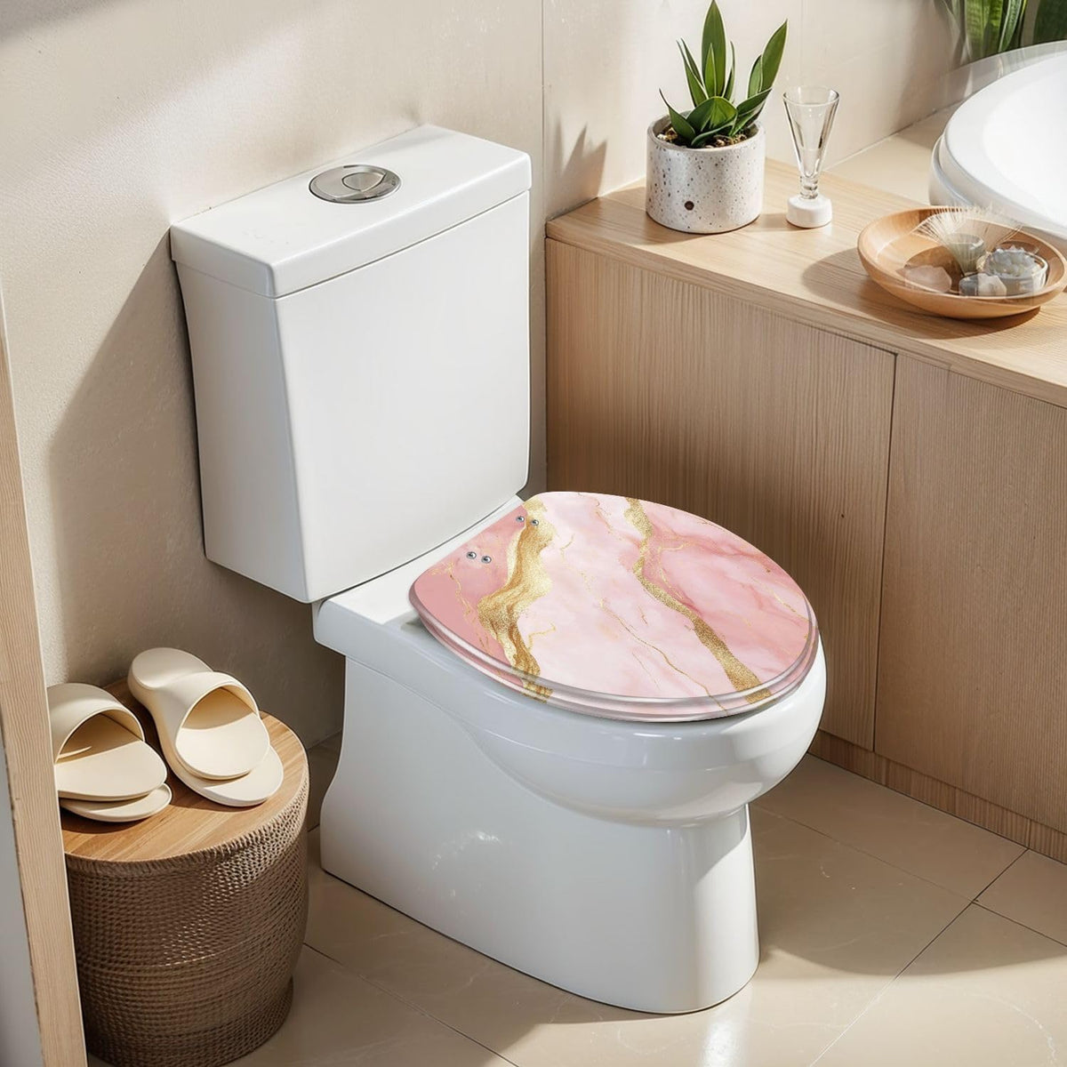 Elongated Toilet Seat Pink marble rose gold Resin Toilet Seat Slow Quiet Close Lid with Quick-Release Hinges Cover Bumpers Easy to Clean Install