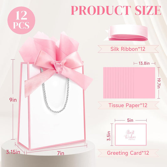 12 Pack Small Gift Bags with Handles Include Tissue Papers & Cards, 9x7x3.15'' Thank You Gift Bags for Birthday, Baby Shower, Wedding, Bridesmaids, Anniversary, Mother’s Day (White and Pink)