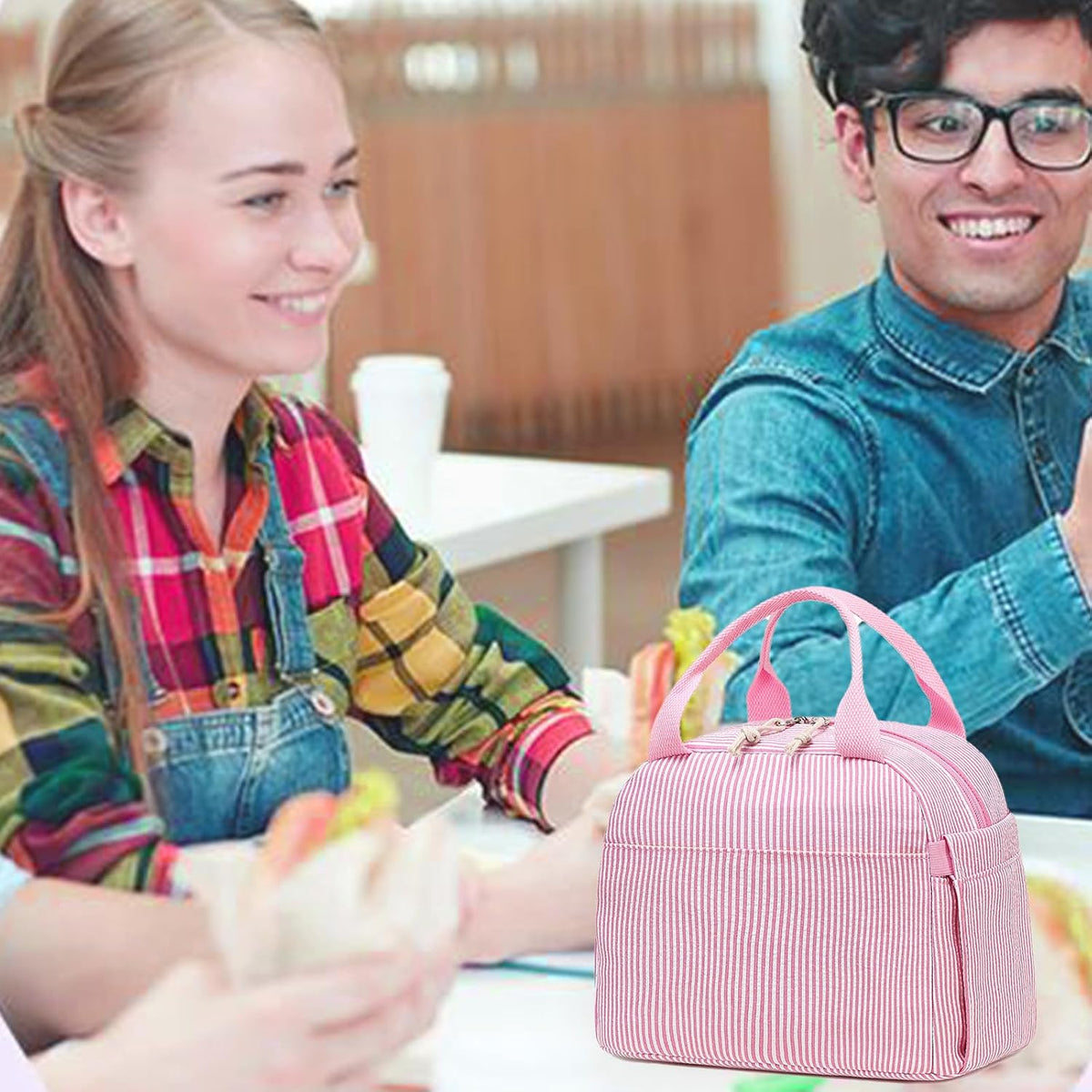 Lunch Box for Women Cute Lunch Bag Reusable Insulated Lunch Bags Large Capacity Lunchbox Cooler for Work Picnic or Travel Gifts (Pink White Vertical Stripes, 10 x 7.5 x 8 inches)