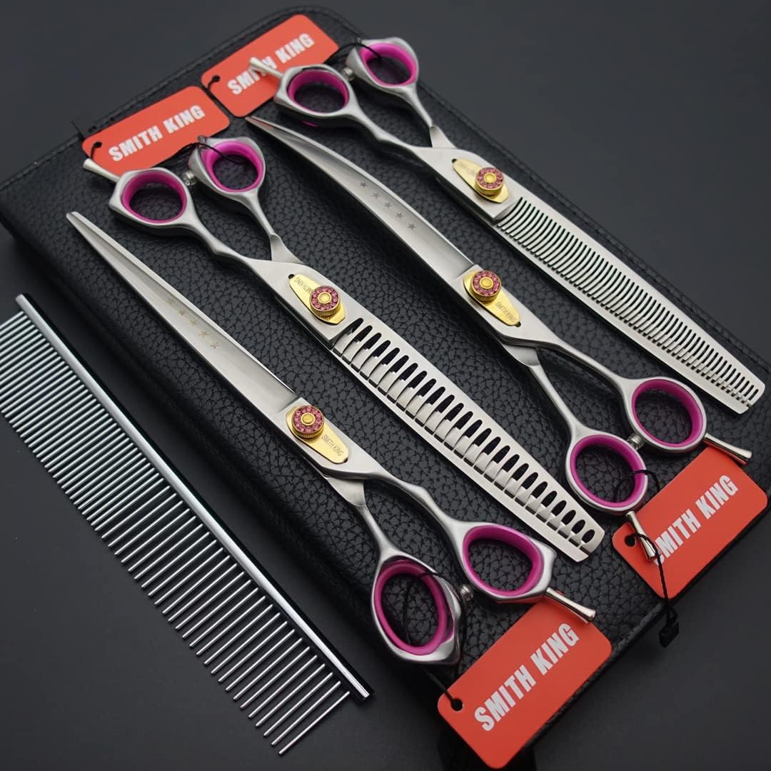 Professional Dog Grooming Shears Set Dogs Straight & thinning & Curved scissors & chunkers Scissorswith comb in 1 Set for Right-handed & Left-handed (8.0 Silvery right-handed)