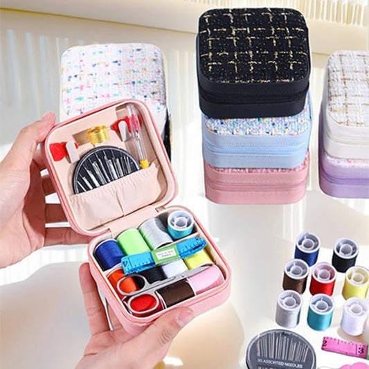 Mini Sewing Kit in Stylish Leather Case โ Complete Set with Scissors, Needles, Thread, Needle Threader, Thimble & More โ Perfect for Beginners & Travel (Pink)