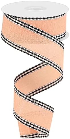 Solid Canvas Ribbon with Gingham Wired Edge - 10 Yards (Peach, Black, White, 1.5 Inch)