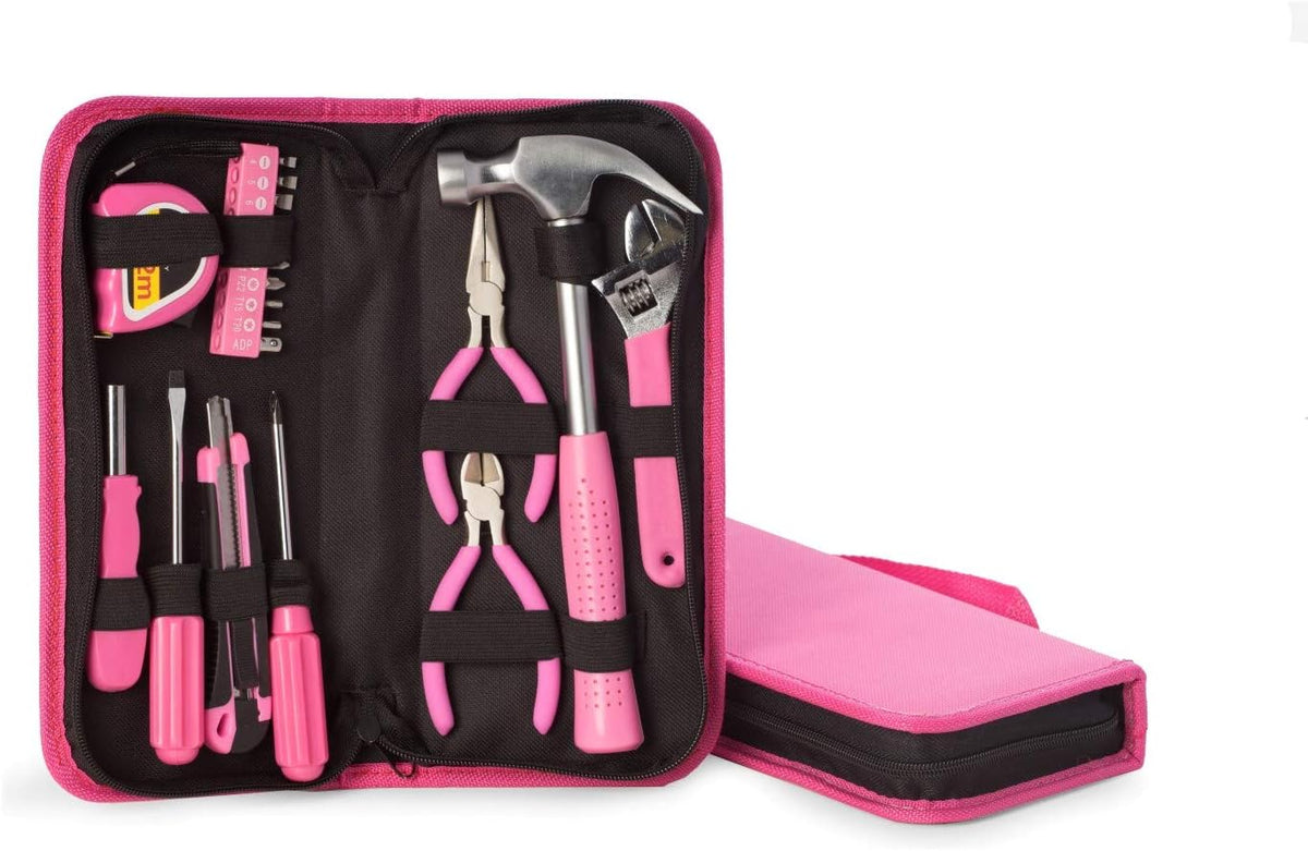 “Alyssa” 20-Piece Pink Tool Set in Zippered Canvas Case, Home, Apartment & Dorm DIY Repair Kit with Hammer, Pliers, Screwdrivers, Adjustable Wrench & Tape Measure