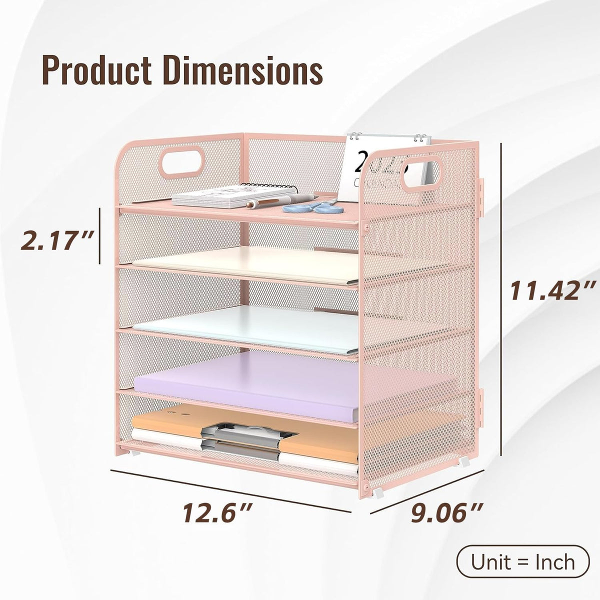 5 Trays Paper Organizer Letter Tray with Handle-Mesh Desk File Holders, Paper Sorter Desk Organizer for Office, Home, Classroom or School, Pink