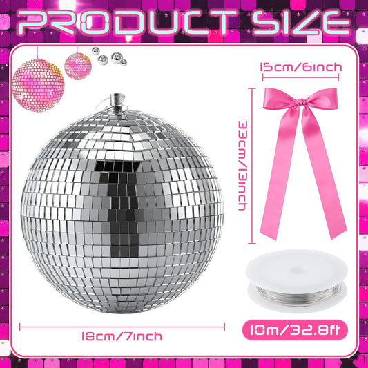 7 Inch Mirror Disco Ball with Pink Bow Hanging Coquette Ball with Silver Wire Retro Disco Party Decorations for Home Stage Events Bachelorette Party Birthday Bridal Wedding