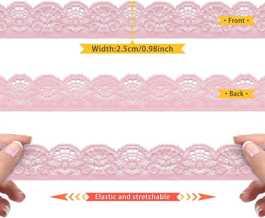 10 Yards 1" Wide Lace Elastic Trim Lace Ribbon Flower Edge Trimming for Sewing Craft Wedding Party Decor Clothes (Pink)