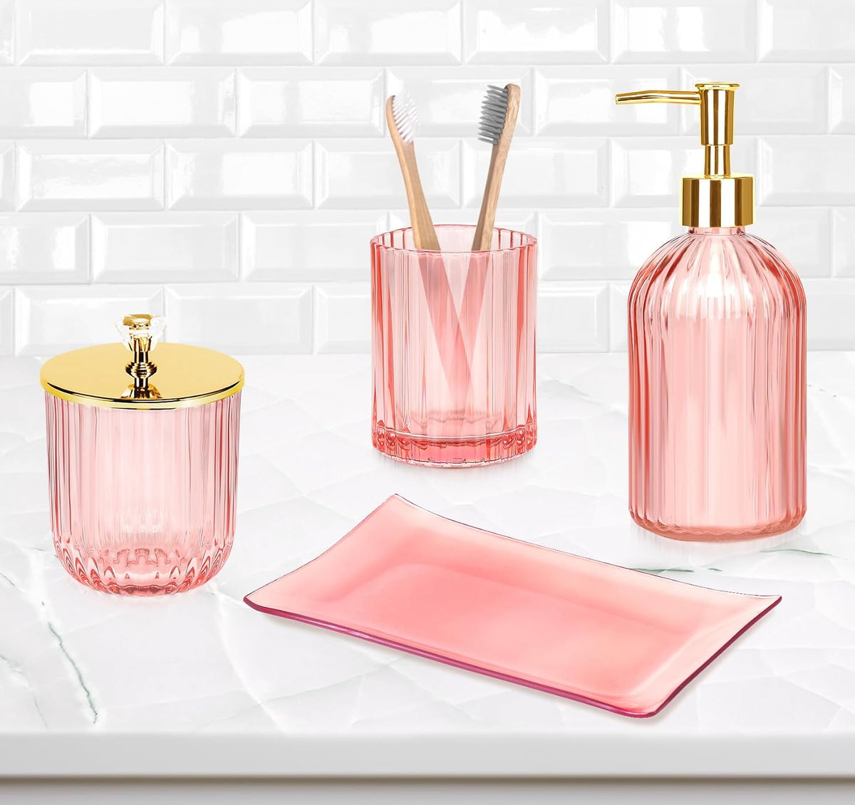 Bathroom Accessories Set, 4 Pcs Pink Glass Bathroom Accessories Sets Complete w/Lotion Soap Dispenser, Toothbrush Holder, Apothecary Jar, Vanity Tray, Bathroom Decor, Gift for Home Apartment