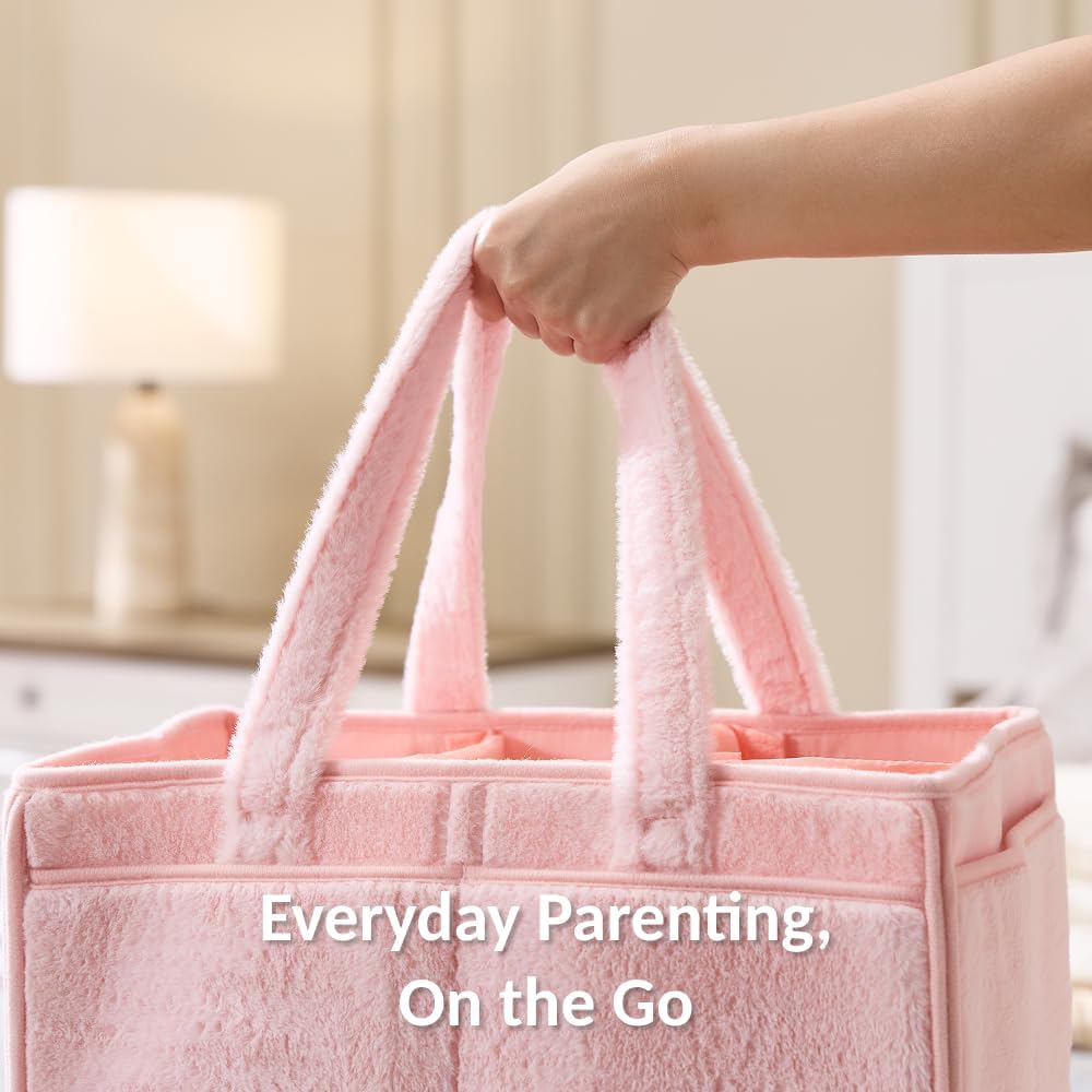Soft Baby Diaper Caddy Organizer, Nursery Storage Basket with Removable Divider, Portable Baby Diapers Basket, Gifts for New Parent, Baby Shower (Light Pink)