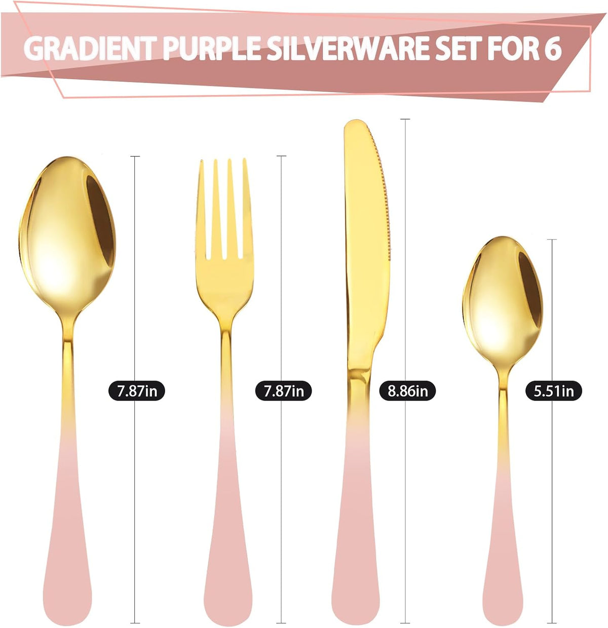 24 Pieces Flatware Set, Stainless Steel Cutlery Set with Silverware Holder, Modern Gold Silverware Set Includes Dinner Knives Forks Spoons,Hanging Silverware Set Service for 6 (Pink)