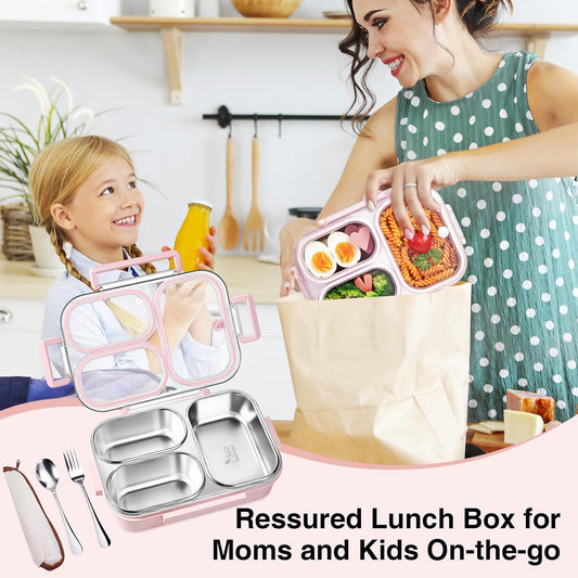 25oz 18/8 Stainless Steel Lunch Box Kit (Bento Box + Fork/Spoon) - 3 Leakproof Compartments - Metal Snack Box for Kids & Adults - School/Office/Travel - Dishwasher Safe (Pink)