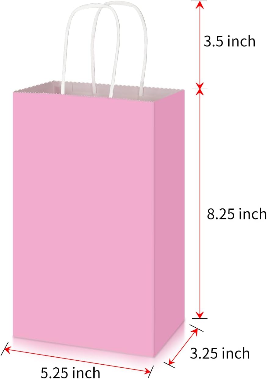 100 Pack 5.25x3.25x8.25 Inch Small Light Pink Kraft Paper Bags with Handles Bulk, Gift Wrap Bags for Favor Grocery Retail Party Birthday Shopping Business Goody Craft Merchandise Take Out Sacks