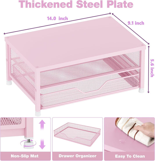 Computer Monitor Stand Riser, Desk Organizer with Drawer, Printer & Laptop Stand, Office Desk Accessories & Workspace Desktop Organizers Storage for Office Supplies(Pink)
