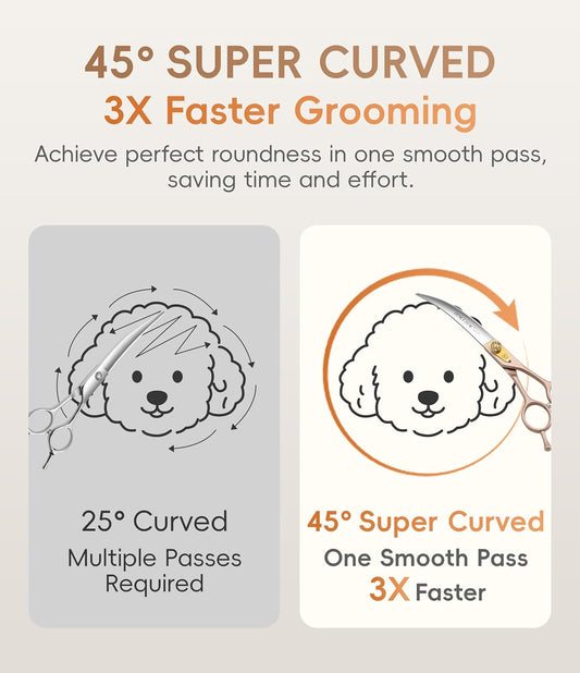 45° Extra Curved Dog Grooming Scissors 440C Stainless Steel 7.5'' Big Arc Curved Shears Rose Gold Sharp and Durable Trimming Scissors for Dogs and Cats